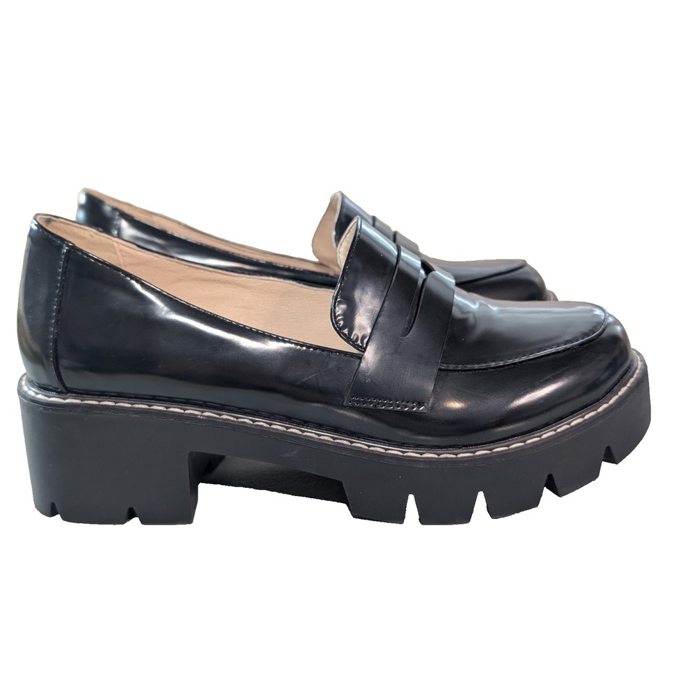 Black Patent Chunky Platform Lug Sole Penny Loafers Size 8 Block Heel Shoes